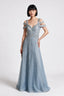 Ankyra Kadın Boncuk İşlemeli V Yaka Omuz Askılı Uzun Tül Abiye Elbise 26Y5003