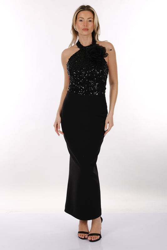 Ankyra Boyundan Bağlamalı Pullu Balık Kesim Abiye Elbise 25Y3605