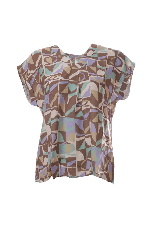 بلوزة نسائية واسعة ذات ياقة على شكل حرف V وأكمام قصيرة من كانيل - بنقشة هندسية