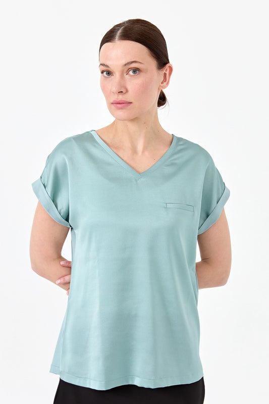 Desen Minimalist V Yaka Kısa Kol Oversize Kadın Bluz - Günlük Şıklık