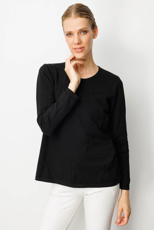 بلوزة نسائية من الليكرا مزينة بالخرز، بياقة دائرية من الأمام، مطوية من الأمام