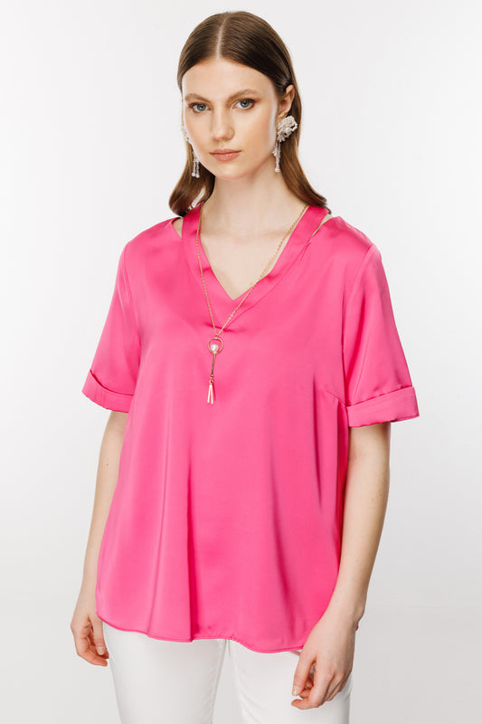 Ekol Oversize V Yaka Kadın Bluz - Minimalist Saten Günlük Bluz