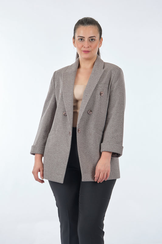 Ekol Oversize Minimalist Kadın Ceket - 3/4 Kol - Çift Sıralı