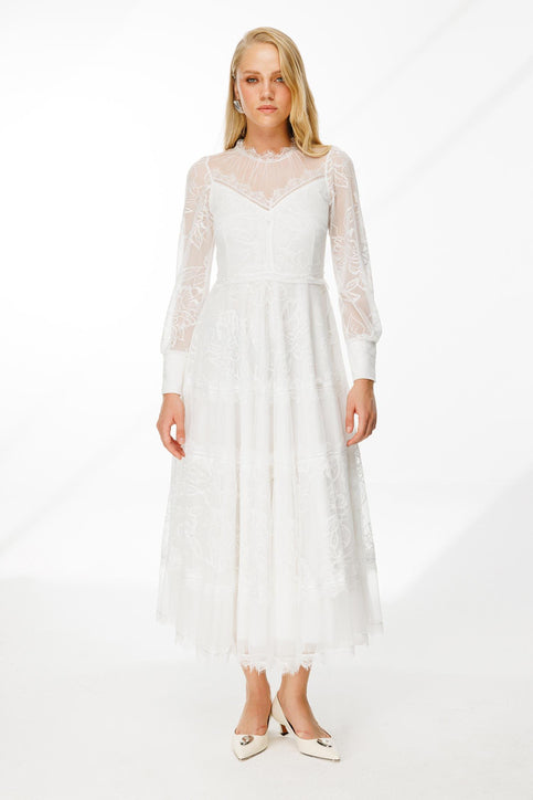 Dantel Detay Bej Astarlı Maxi Boy Abiye Elbise Nefeli 44