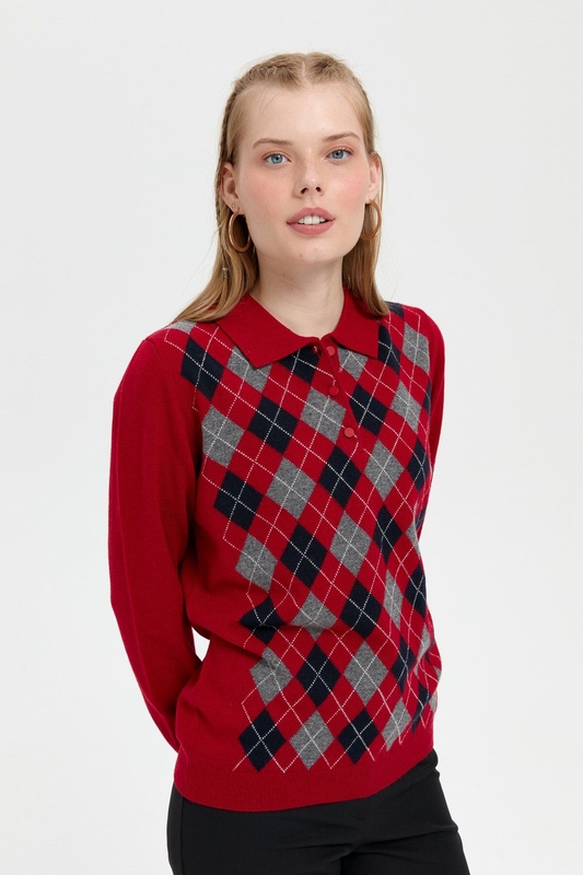Desen Kadın Kazak - Polo Yaka Uzun Kol Minimalist Argyle Desen
