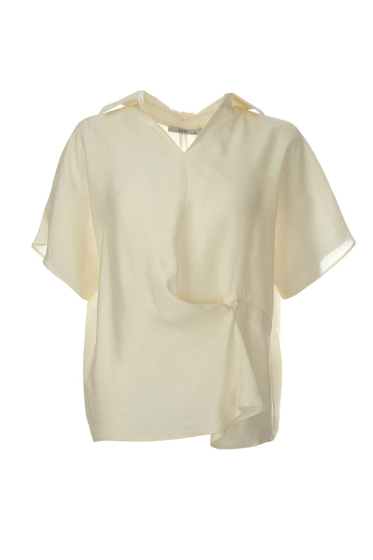 Ekol Oversize Kısa Kol V Yaka Saten Bluz - Minimalist Tarz
