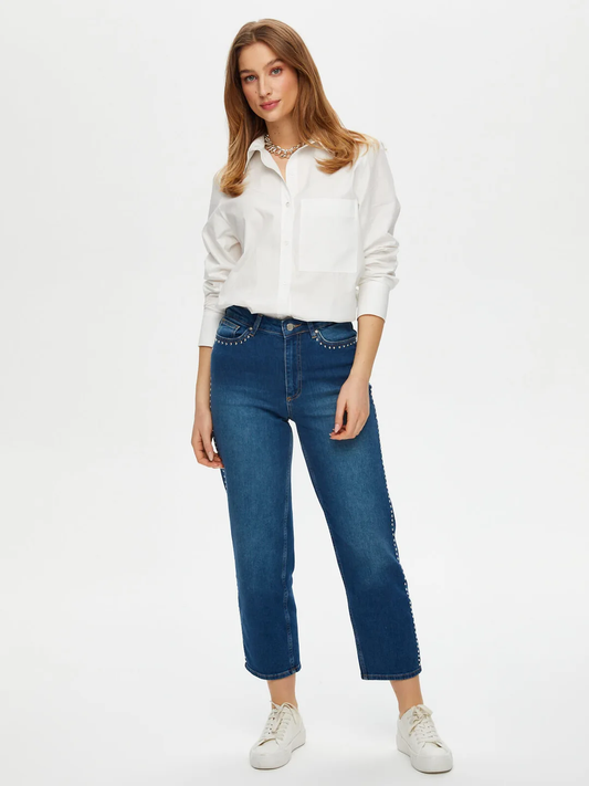 Faik Sönmez Minimalist Midi Jean Pantolon - Yüksek Bel - Taş Detaylı