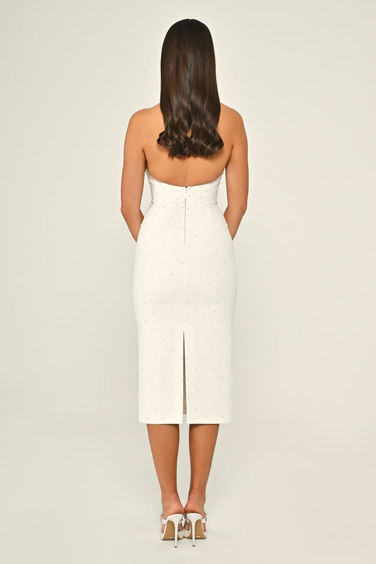 Halter Yaka Boncuklu Krep Midi Abiye Elbise Alfa Beta B7028