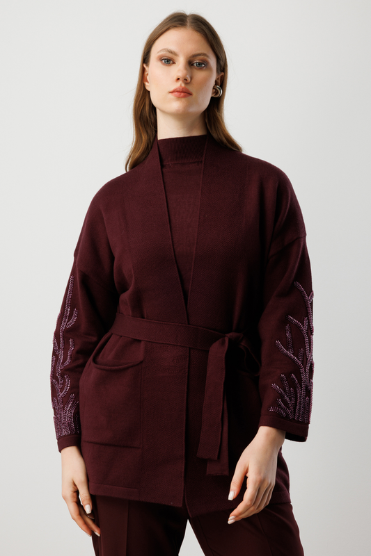 On Kolları Taşlı Kuşaklı Triko Hırka 26KON60902