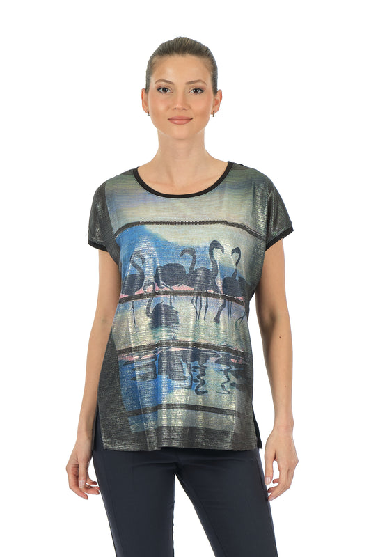 Twomail Oversize Flamingo Desenli Kadın T-Shirt - Kısa Kol Rahat Günlük