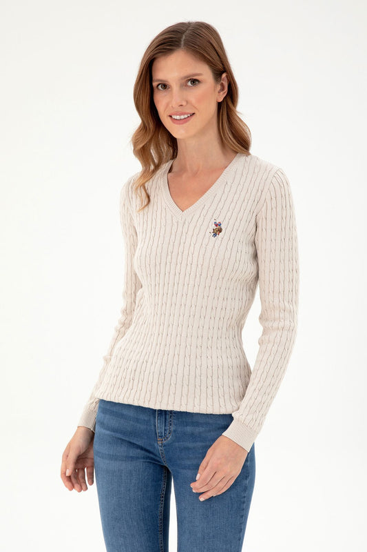 U.S. Polo Assn. Kadın V Yaka Uzun Kol Minimalist Kazak - Günlük Şıklık
