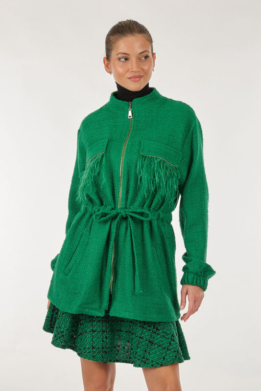 Unique Mode Oversize Tüy Detaylı Midi Kadın Ceket - Vintage Stil