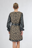 Unique Mode Leopar Desenli Midi Elbise - Deri Detaylı Uzun Kol