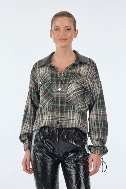 Unique Mode Oversize Crop Ekose Gömlek - Deri Detaylı - Minimalist