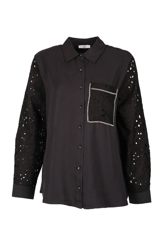 Vedi-bb Oversize Dantel Detaylı Uzun Kol Kadın Gömlek - Minimalist Stil