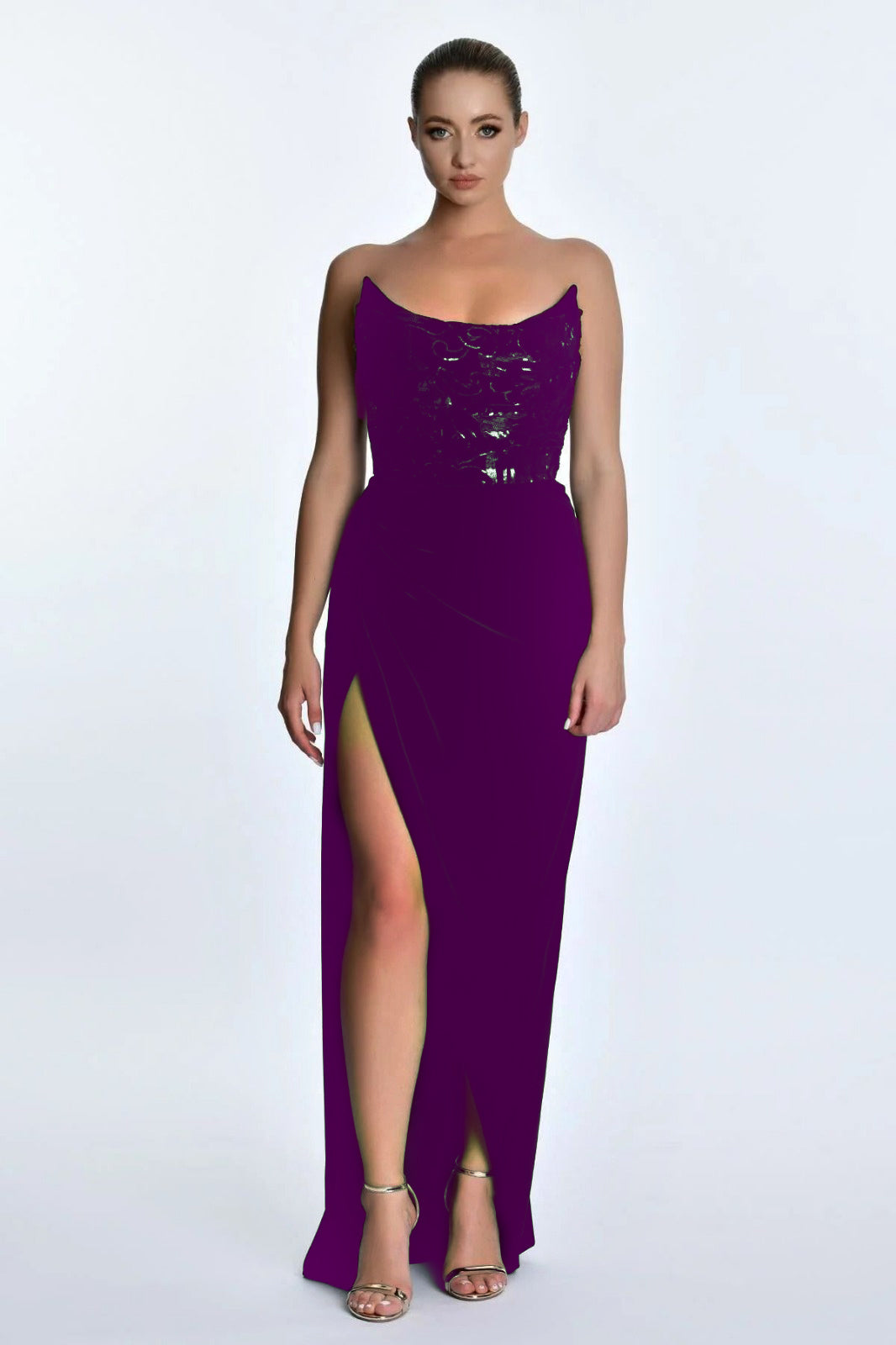 Alfa Beta Straplez Pul Detaylı Derin Yırtmaçlı Maxi Boy Kadın Abiye 2125793