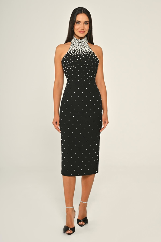 فستان سهرة متوسط ​​الطول من الكريب المطرز بياقة هالتر من ألفا بيتا B7028