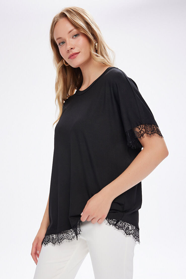 Asimetrik Dantel Garnili Yuvarlak Yaka T-Shirt UW27TSH086 İkincil görsel