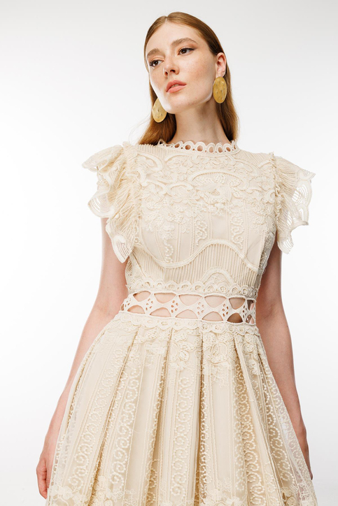 Nefeli Midi Dantel Elbise - Vintage Bohemian Stil - Fırfırlı Detaylar