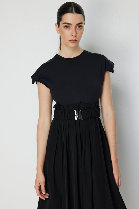 Beli Kemerli Mix Kumaşlı Maxi Elbise On