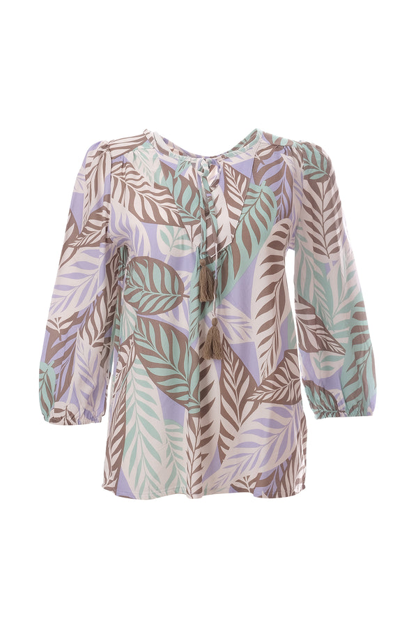 Canel 3/4 Kol Midi Bohemian Bluz - Yaprak Desenli Şifon Bluz