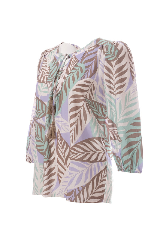 Canel 3/4 Kol Midi Bohemian Bluz - Yaprak Desenli Şifon Bluz