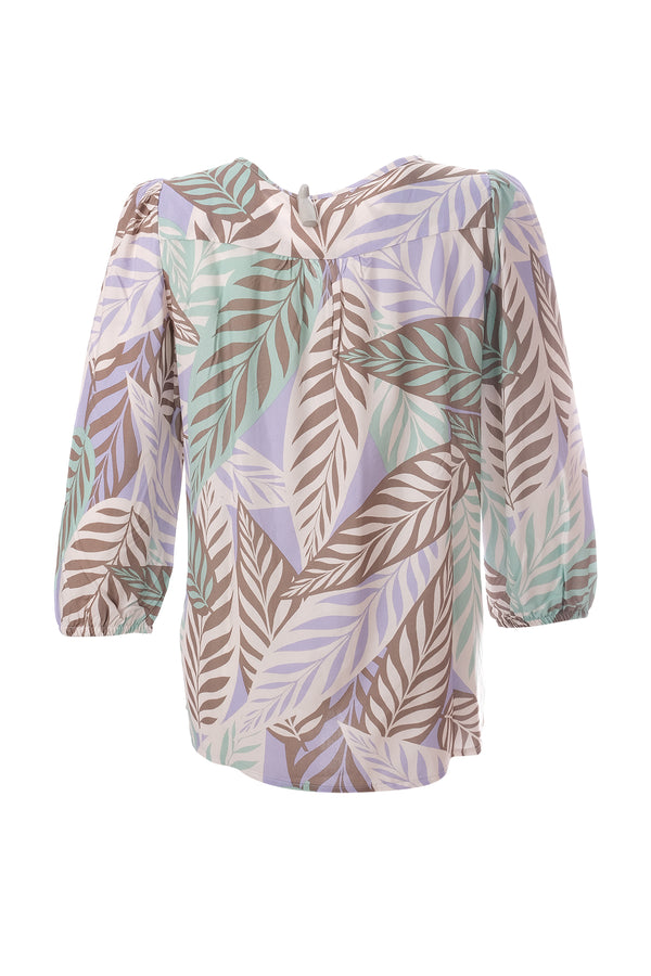 Canel 3/4 Kol Midi Bohemian Bluz - Yaprak Desenli Şifon Bluz