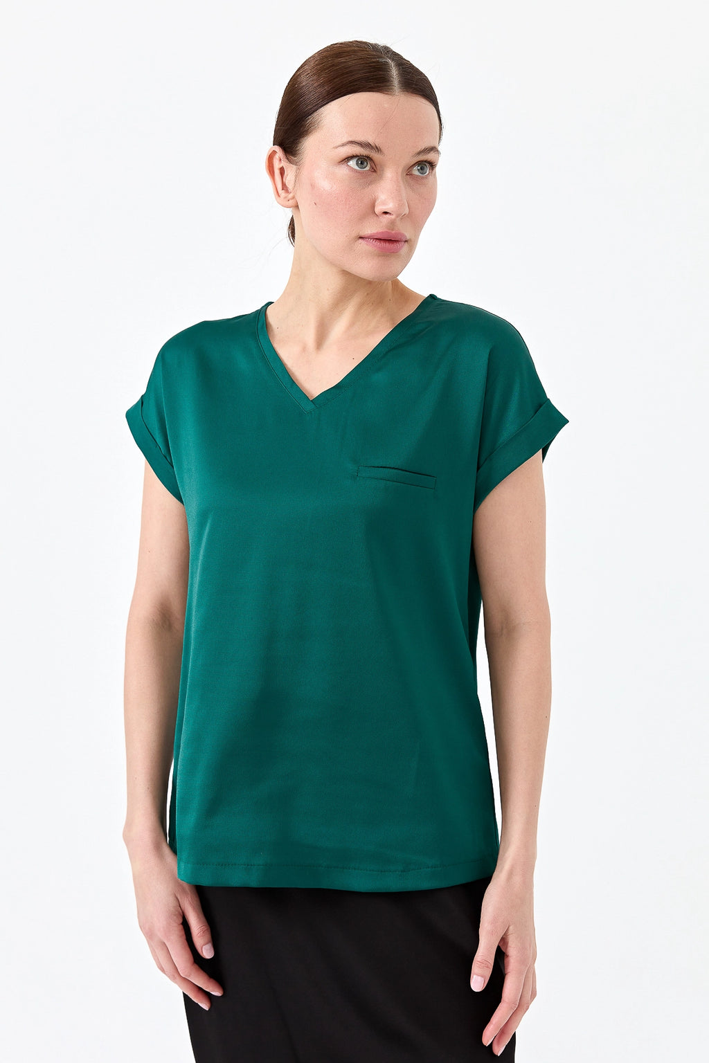 Desen Minimalist V Yaka Kısa Kol Oversize Kadın Bluz - Günlük Şıklık