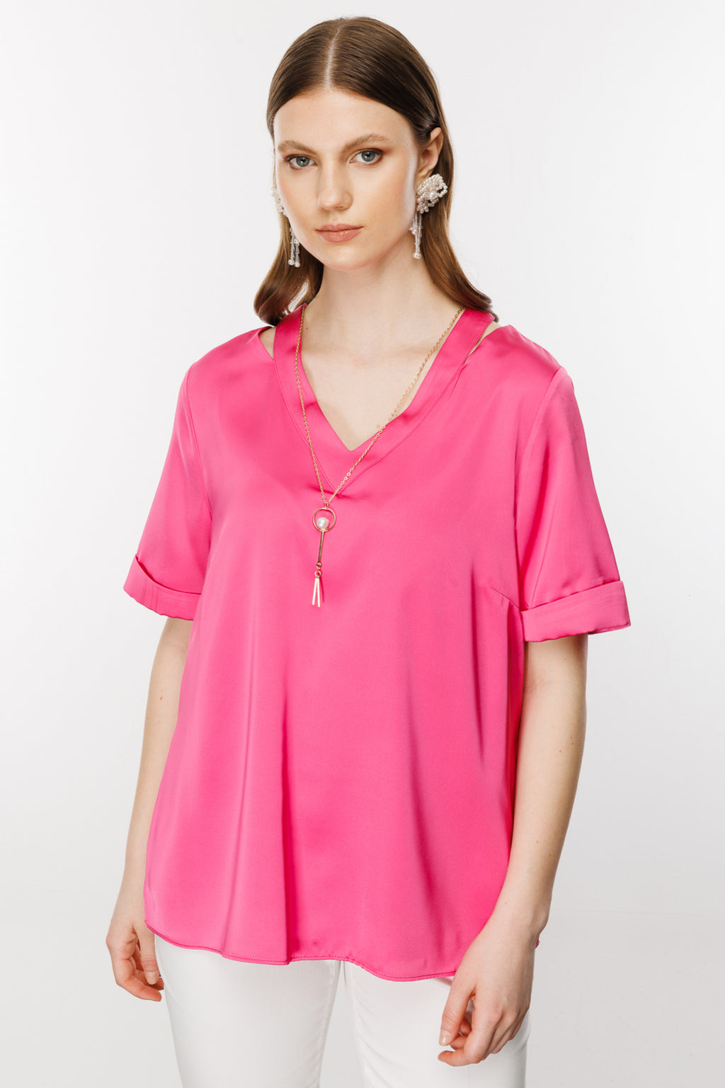 Ekol Oversize V Yaka Kadın Bluz - Minimalist Saten Günlük Bluz