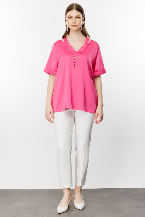 Ekol Oversize V Yaka Kadın Bluz - Minimalist Saten Günlük Bluz