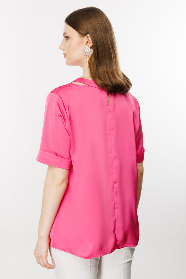 Ekol Oversize V Yaka Kadın Bluz - Minimalist Saten Günlük Bluz