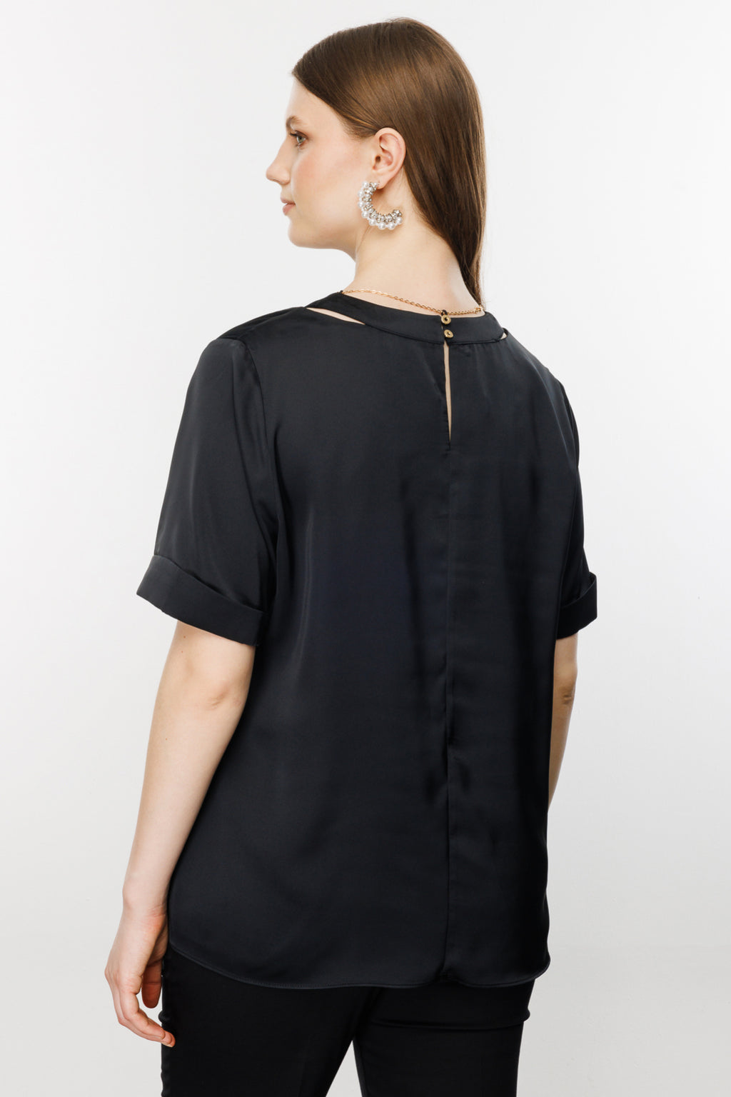 Ekol Oversize V Yaka Kadın Bluz - Minimalist Saten Günlük Bluz