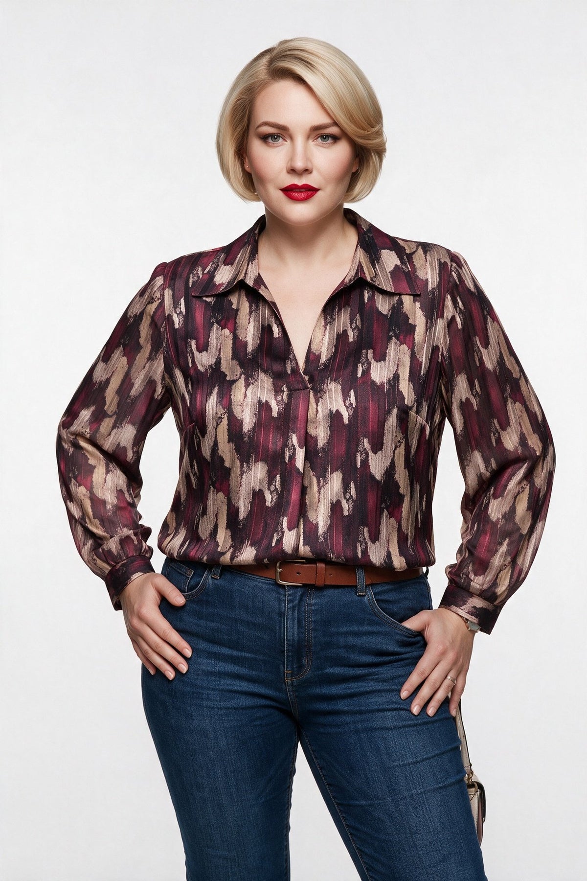 Ekol BB Kadın Büyük Beden Desenli Uzun Kollu V Yaka Bluz