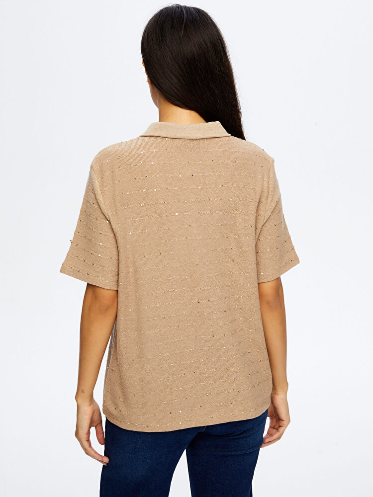 Payet Pul Detaylı Polo Yaka Görünümlü Örme Bluz Faik Sönmez
