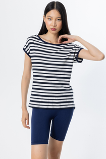 On Minimalist Oversize Çizgili Kadın Bluz - Kısa Kol Yuvarlak Yaka