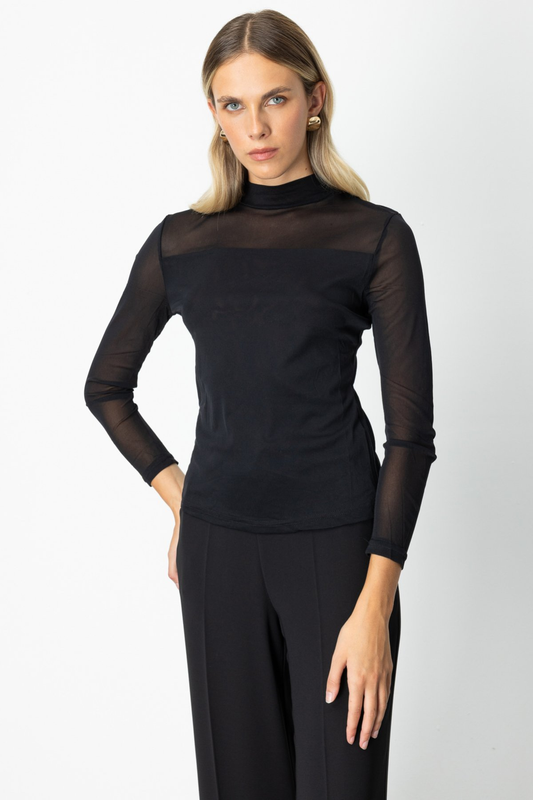 بلوزة من مزيج التول ذات ياقة عالية