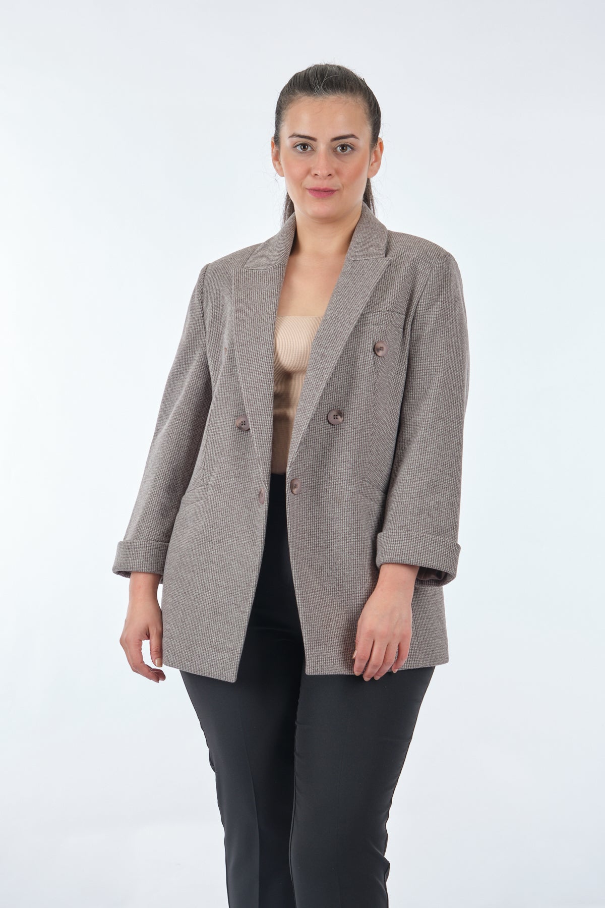 Ekol Oversize Minimalist Kadın Ceket - 3/4 Kol - Çift Sıralı