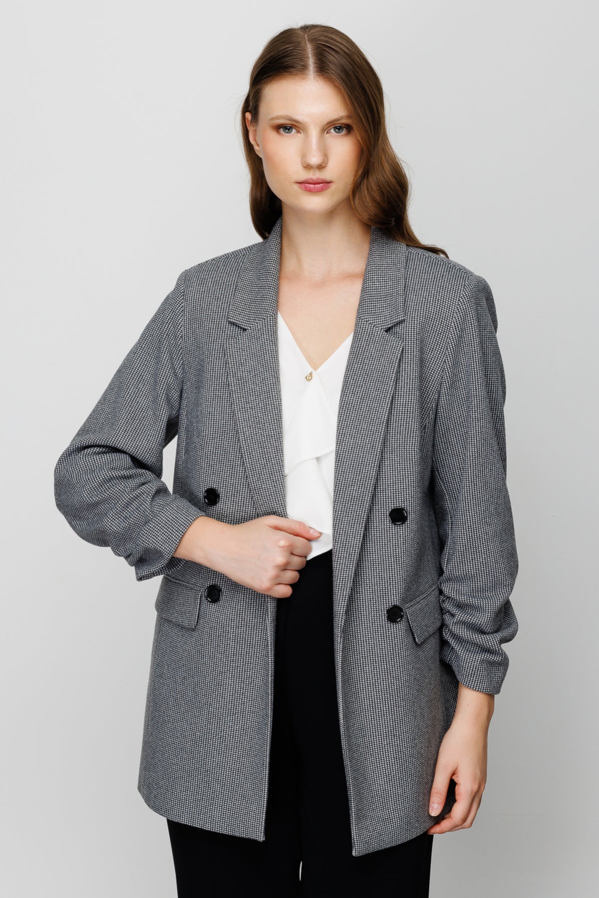 Ekol Oversize Minimalist Kadın Ceket - Çift Düğmeli, Uzun Kol