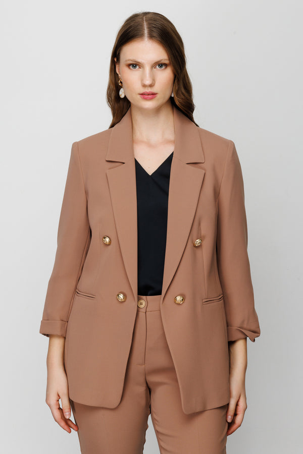 Ekol Minimalist 3/4 Kol Çift Düğmeli Kadın Blazer Ceket - Günlük & Ofis