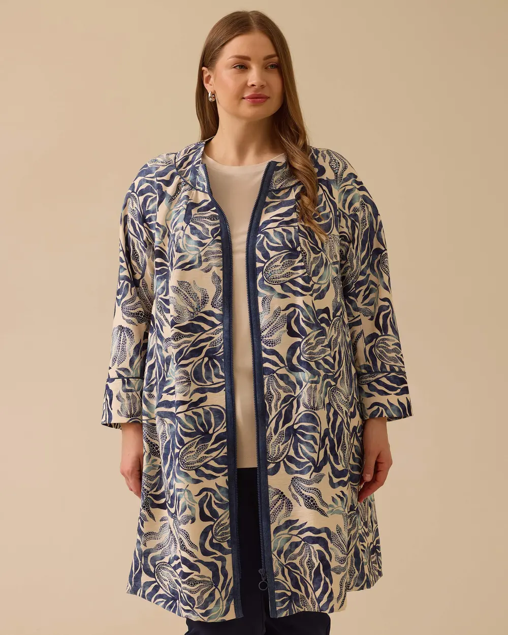 Gala-xi Desenli Oversize Midi Kadın Ceket - Fermuarlı, Uzun Kol