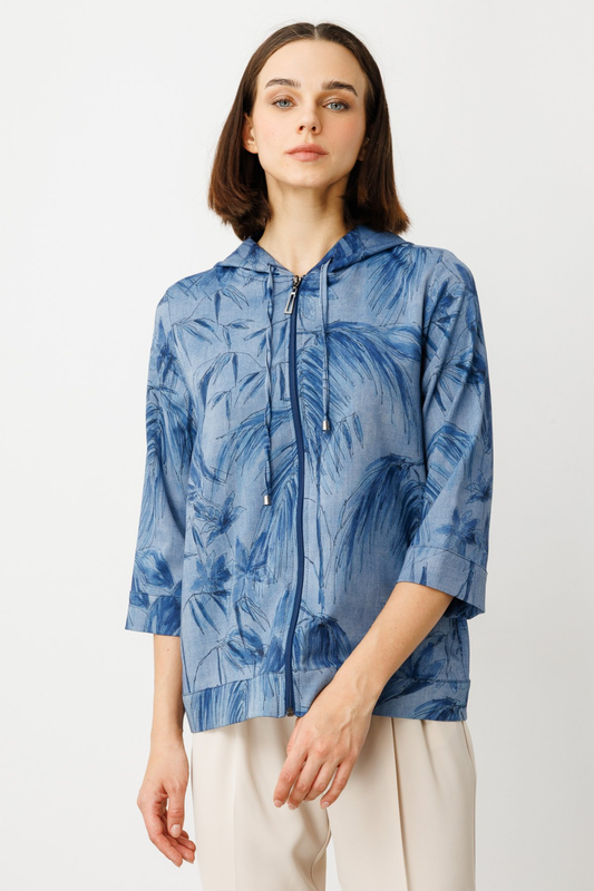 جاكيت نسائي بغطاء رأس وأكمام ثلاثة أرباع بتصميم بسيط - نمط كاجوال