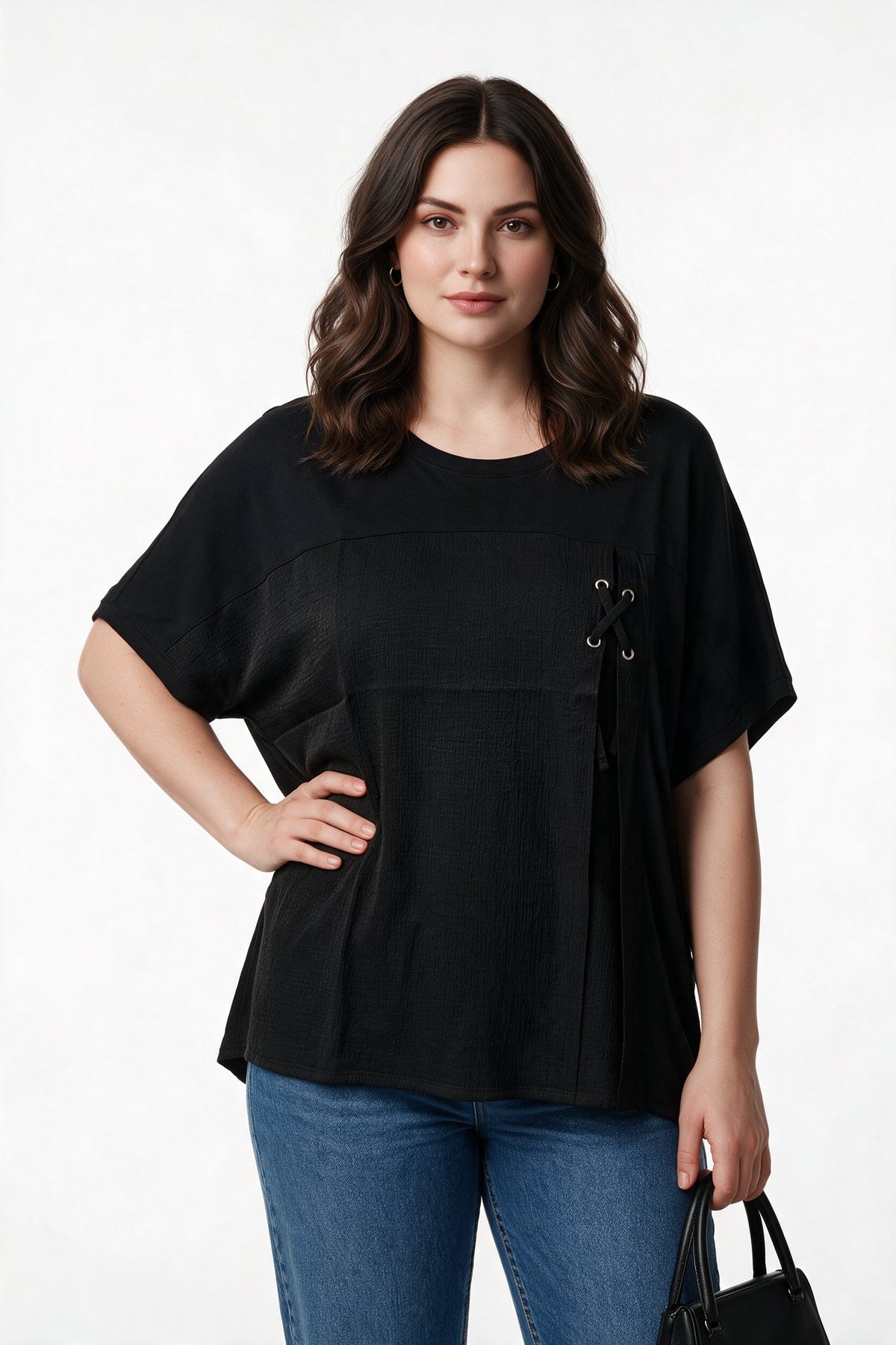 Daıdo Kadın Bisiklet Yaka Rahat Kesim Dokulu Panel Bağcık Detaylı Kısa Kollu T-Shirt Ana görsel