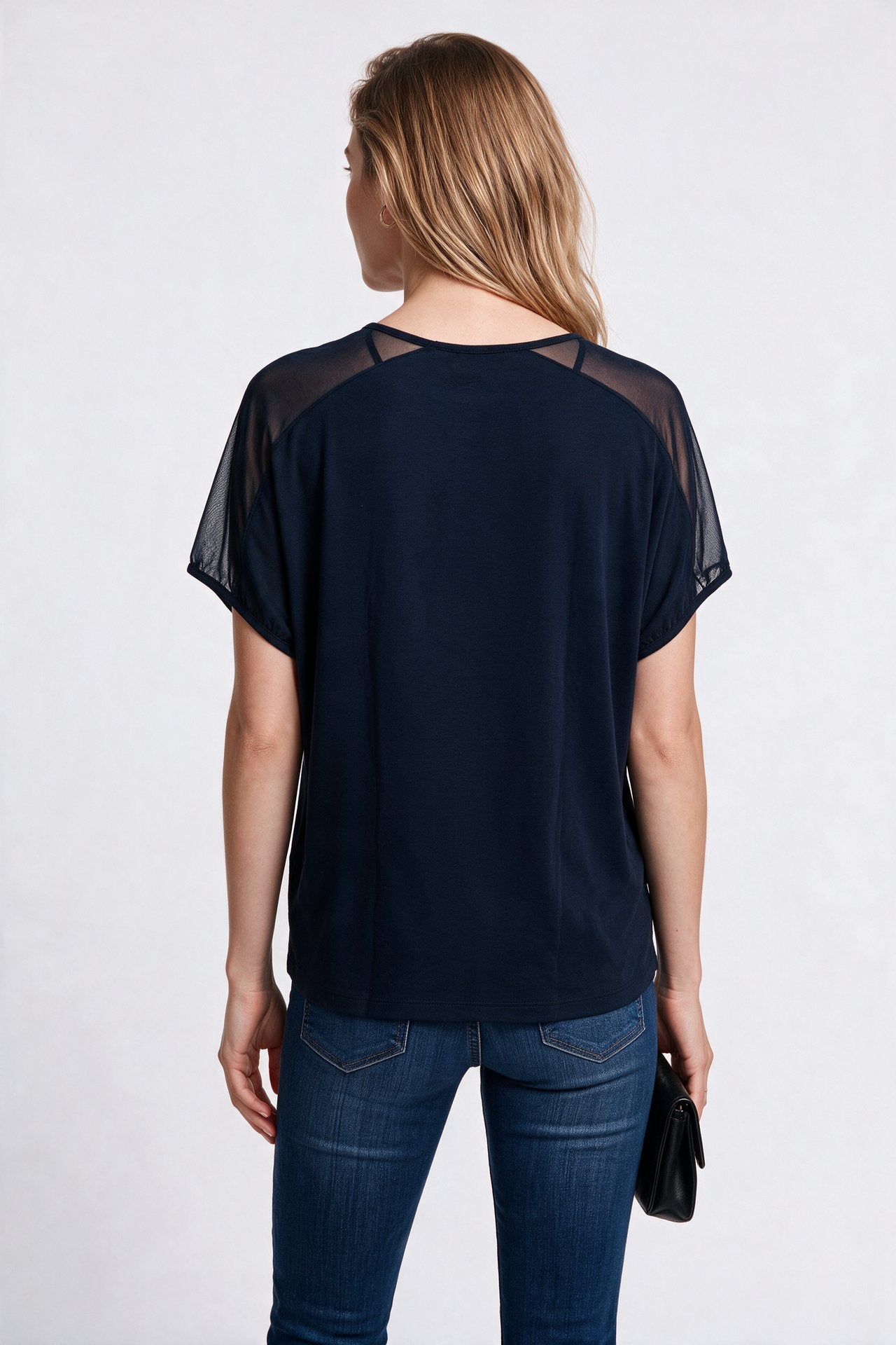 Daıdo Kadın Bisiklet Yaka Payet İşlemeli Tül Detaylı Dökümlü T-Shirt İkincil görsel