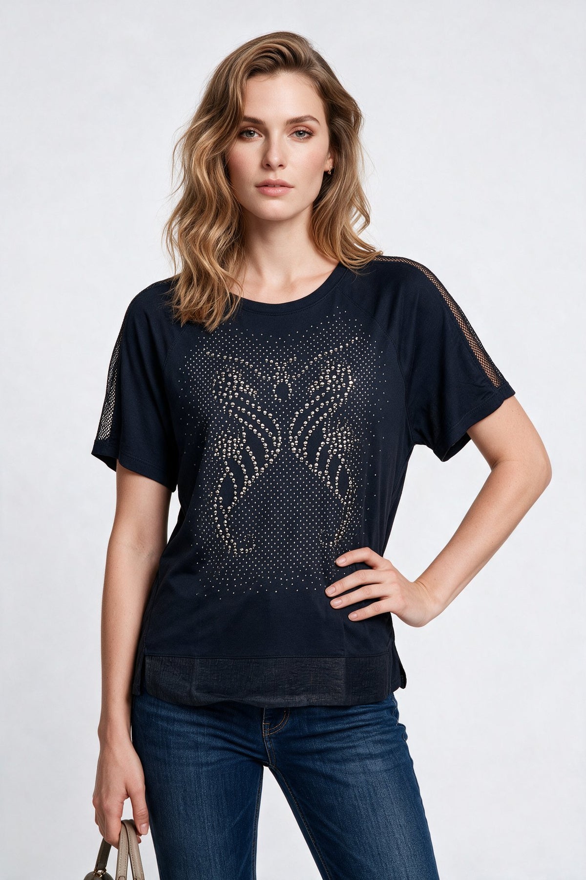 Daıdo Kadın Bisiklet Yaka Taş İşlemeli Reglan Kol File Detaylı Pamuk Karışımlı T-Shirt Ana görsel