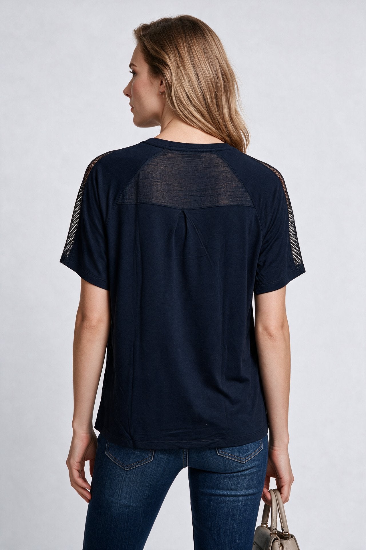 Daıdo Kadın Bisiklet Yaka Taş İşlemeli Reglan Kol File Detaylı Pamuk Karışımlı T-Shirt İkincil görsel