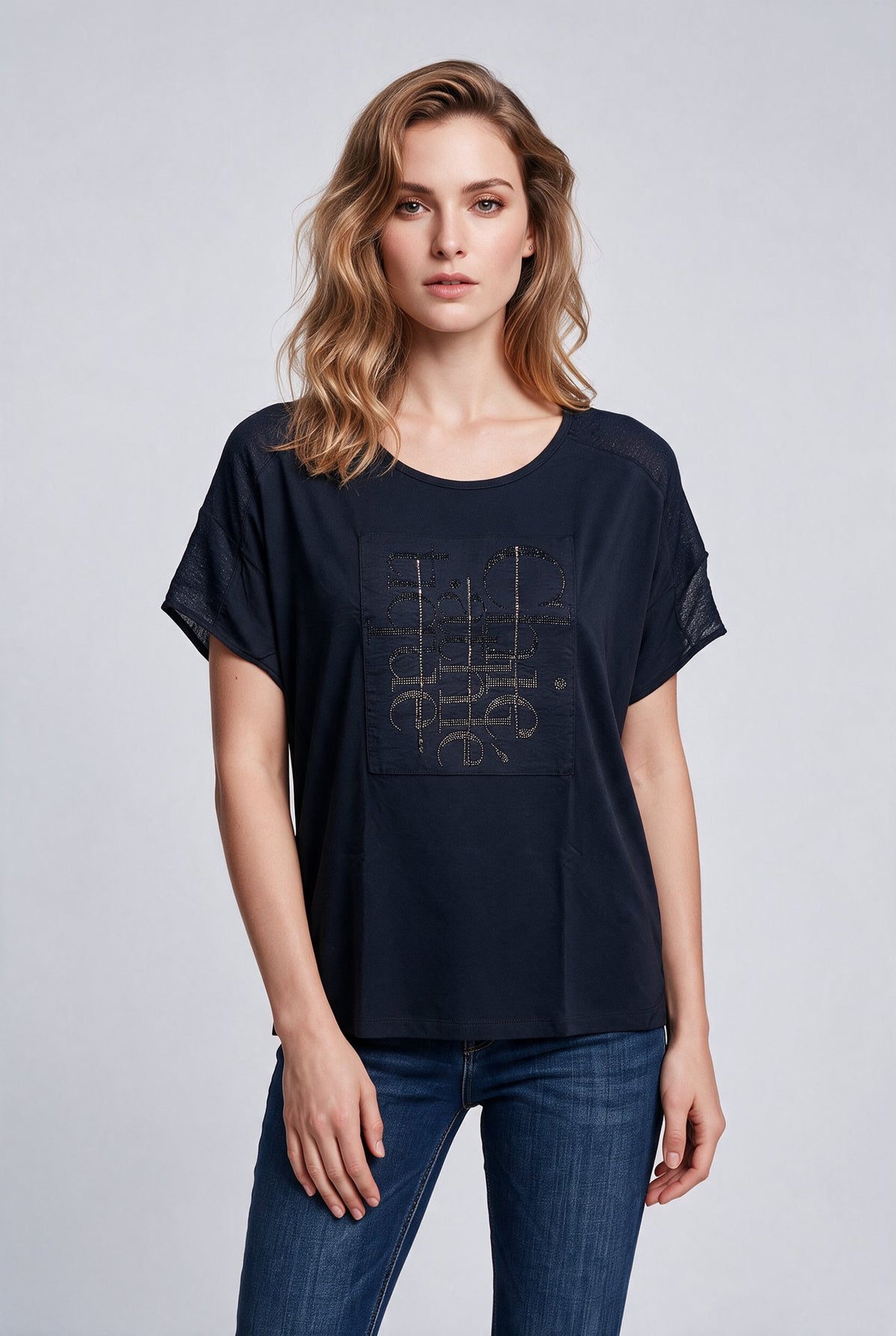 Daıdo Kadın Bisiklet Yaka Düşük Omuz Kısa Kollu Logo İşlemeli Pamuk Karışımlı T-Shirt Ana görsel