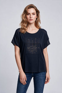 Daıdo Kadın Bisiklet Yaka Düşük Omuz Kısa Kollu Logo İşlemeli Pamuk Karışımlı T-Shirt