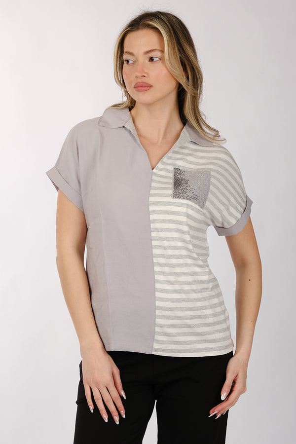 Daido Minimalist Kısa Kol V Yaka Çizgili Kadın T-Shirt - Günlük Kullanım