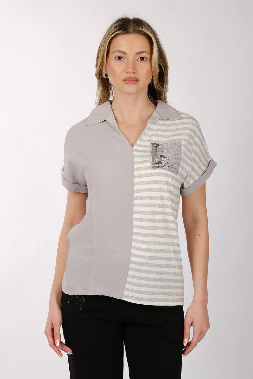 Daido Minimalist Kısa Kol V Yaka Çizgili Kadın T-Shirt - Günlük Kullanım