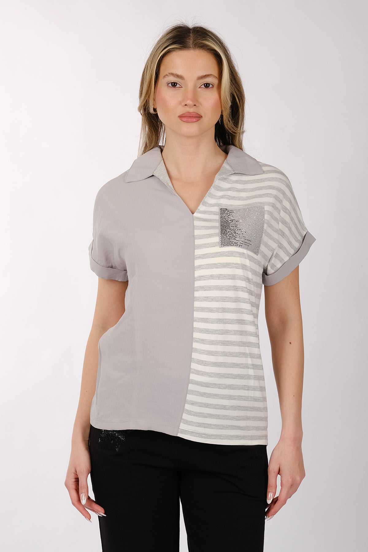 Daido Minimalist Kısa Kol V Yaka Çizgili Kadın T-Shirt - Günlük Kullanım